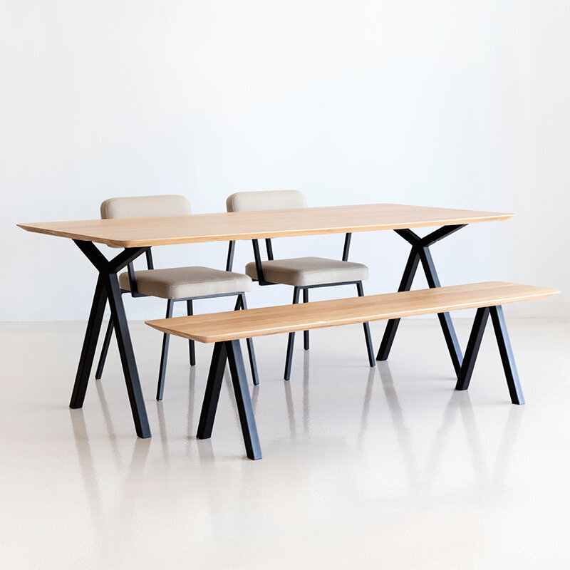 Design Dining Bench | Slim X-type Bench Steel black powdercoating | Walnut naturel lacquer | Studio HENK | 